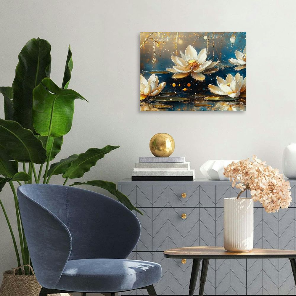 BROOKMAPLES Large Canvas Wall Art for Living Room Bedroom Home Office Blue White Lotus Flower Picture Framed Canvas Prints Artwork Ready to Hang Size 24x48 20x16in