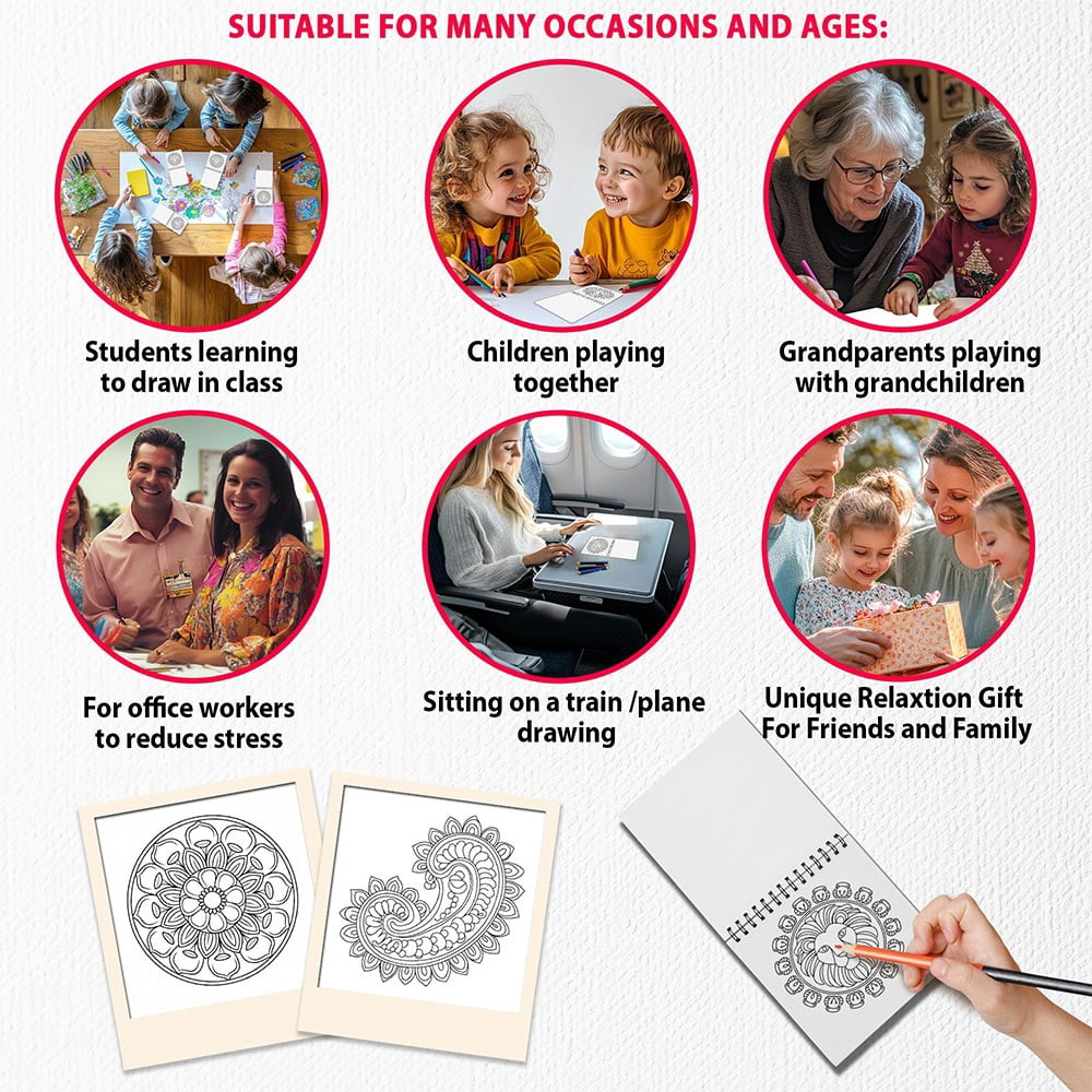 Pattern Mini Coloring Book Spiral Bound for Adult, Pack 6, 3.5” x 3.5” Pocket Size, 40 Coloring Pages Stress & Anxiety Relief, Travel for Women Men