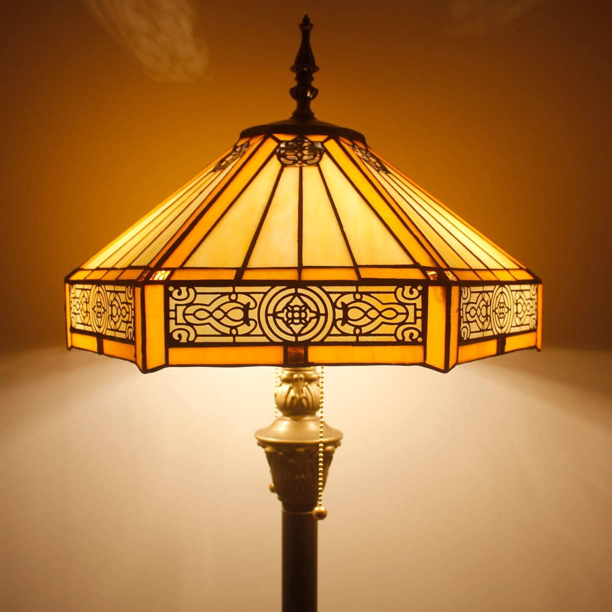 Tiffany Floor Lamp W16H64 Inch Yellow Stained Glass Hexagon Mission Style Shade Antique Standing Read Lighting Resin Base 2E26 S011 LAMPS Lover Gift Bedroom Living Room Bedside Coffee Table