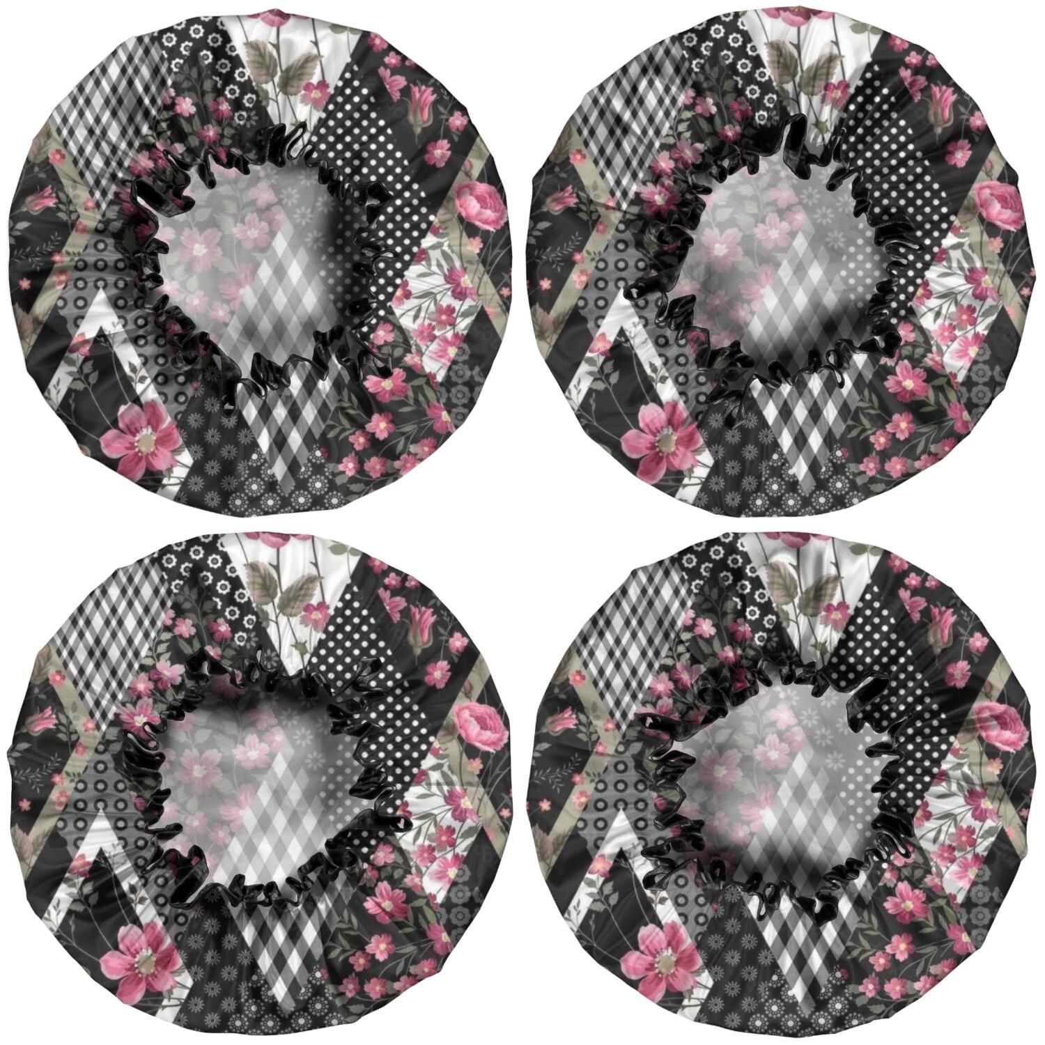 Shower Caps,Pioneer Flower Floral Print Pattern Waterproof Shower Cap for Women 4 Pieces,Double Reusable Hair Cover for Shower PEVA Elastic Stretch Hem
