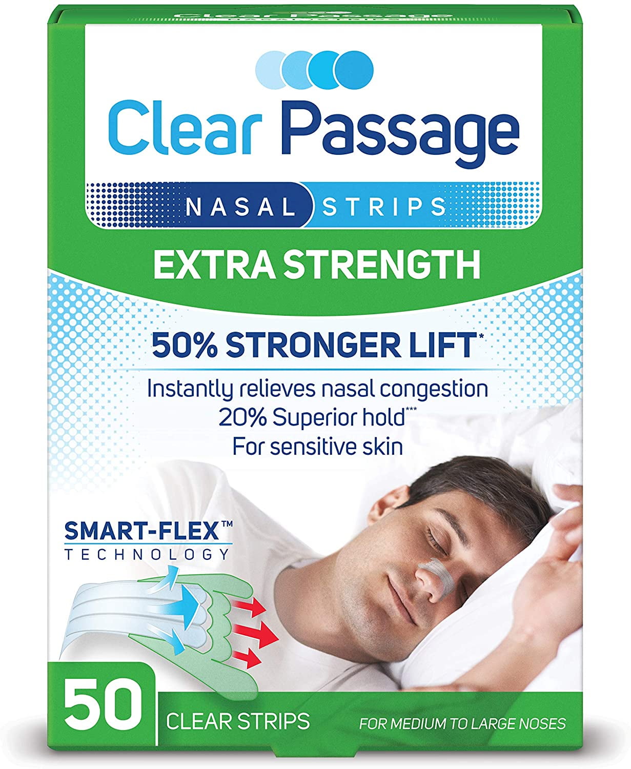 Clear Passage Nasal Strips, Clear Extra Strength, 50 Count | Works Instantly to Improve Sleep, Snoring, and Nasal Congestion