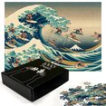 thumbnail image 3 of Ambesonne Japanese Wave Jigsaw Puzzle, Surfers Ukiyo-e Ocean, Heirloom-Quality Fun Activity for Family Durable Cardboard, 1000 pcs, Seafoam Blue Eggshell, 3 of 5