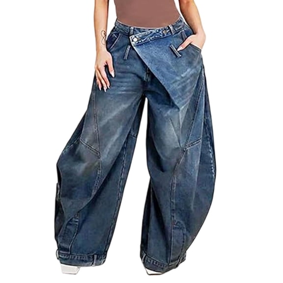Women High Waist Retros Distress Wash Reverses Waist And Head Jeans