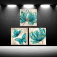 thumbnail image 6 of 3 Pieces Teal Flower and Butterfly Canvas Prints Floral Oil Painting Gold Blue Wall Art for Bathroom Bedroom Ready to Hang Each Size 12x12 Inches (Teal), 6 of 6