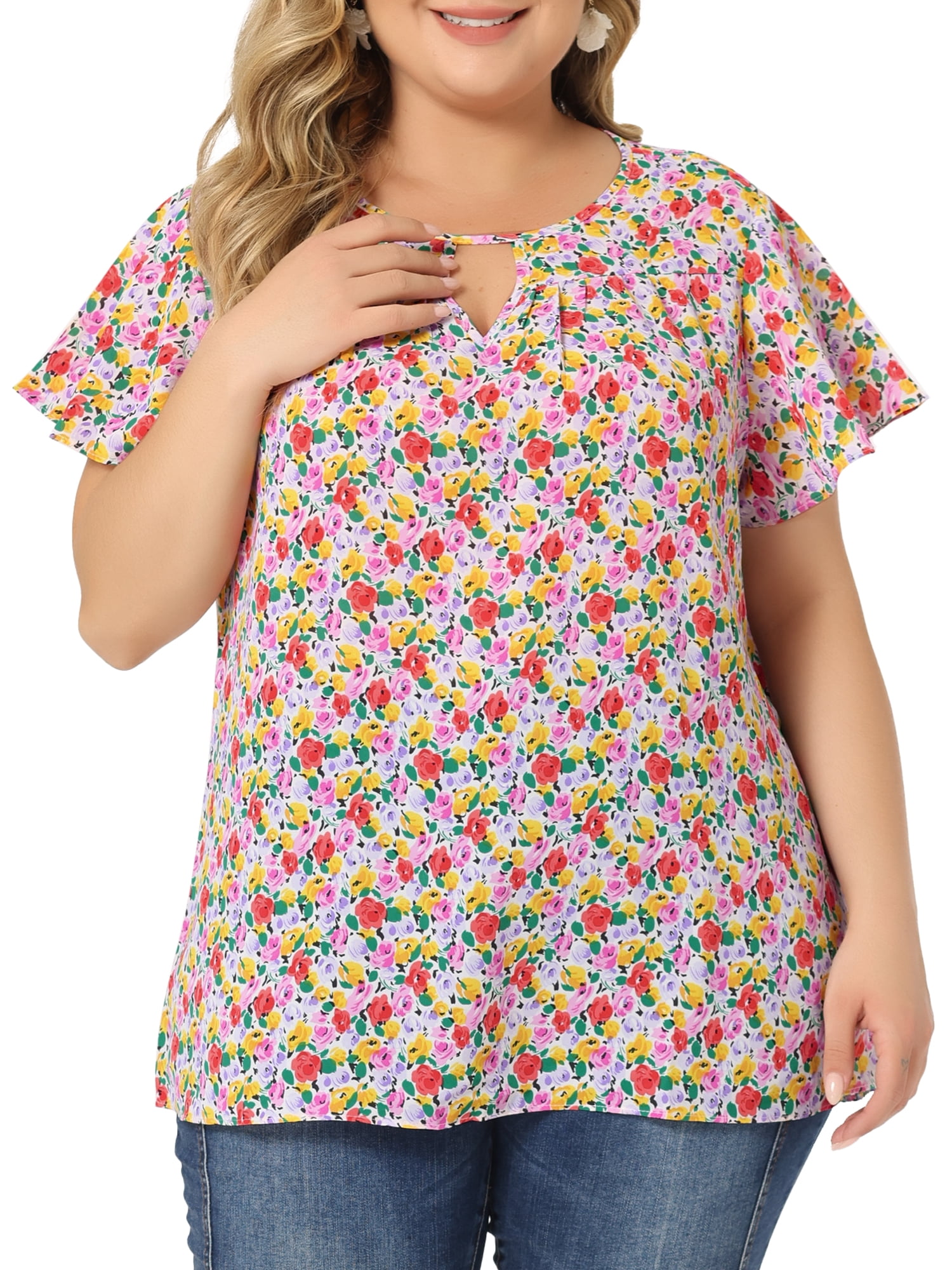 DARING DIVA Women's Plus Ruffle Short Sleeve Keyhole Chiffon Blouse L Red Pink
