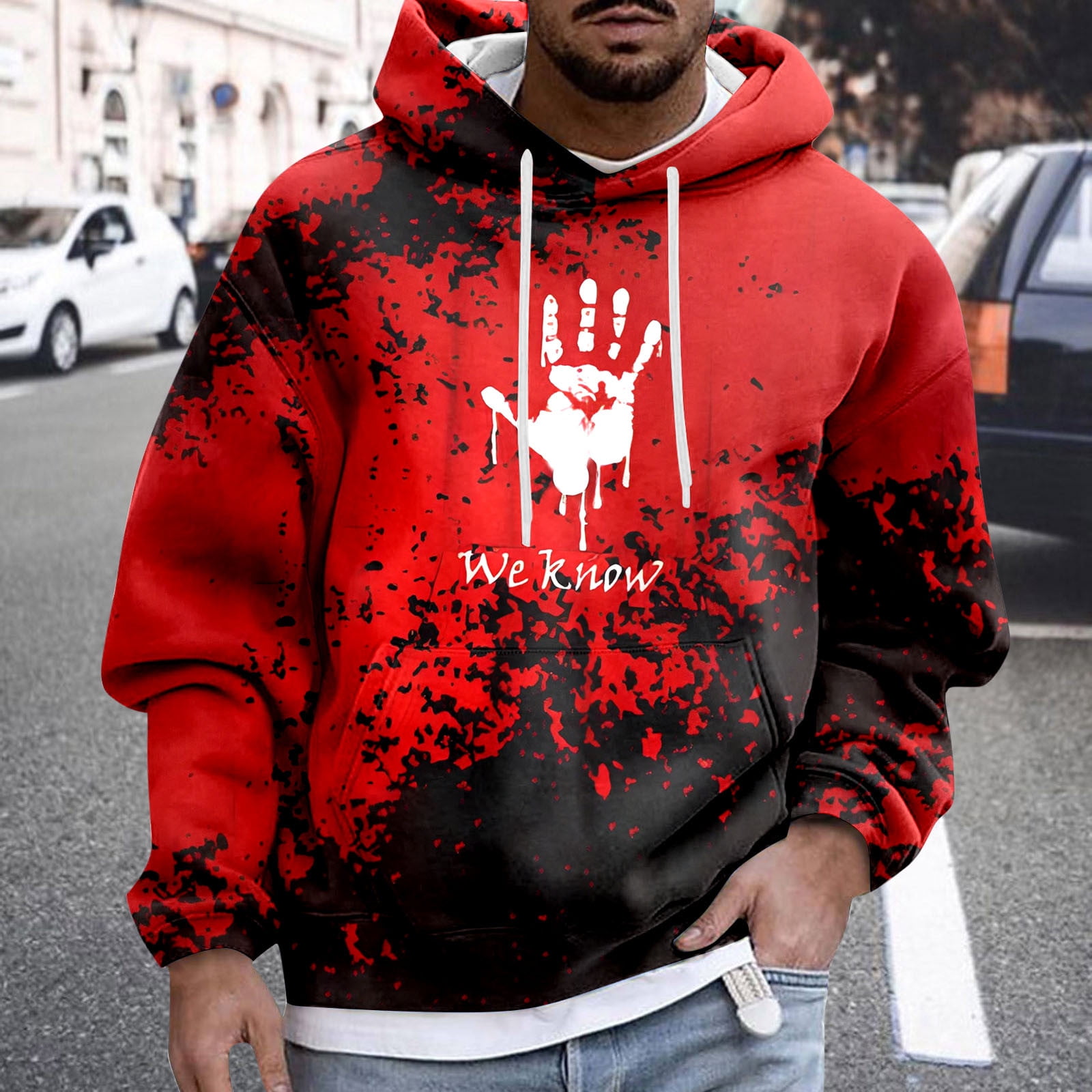 MIASHUI Men's Halloween Hooded Sweatshirt with Spooky Print Long