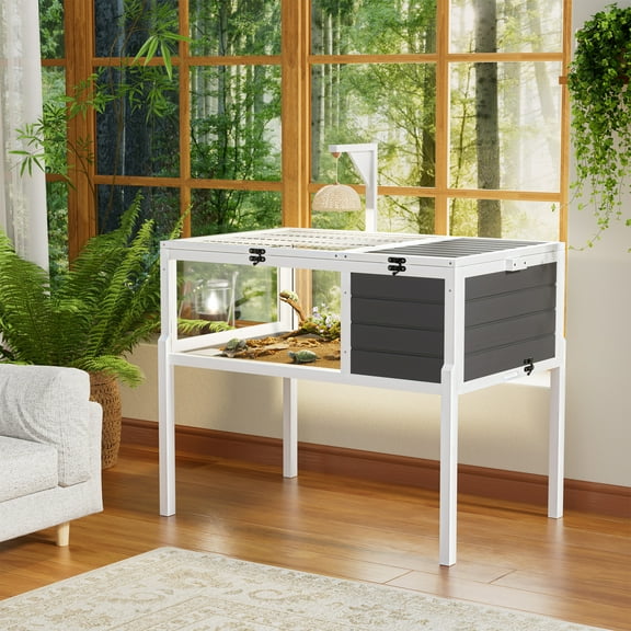 Reptile Habitat Tortoise House, Turtle Cage Reptile Terrarium with Lamp Holder, Large Observation Window, Waterproof Tray, Detachable Legs, Wooden Enclosure for Turtles, Lizards, Geckos