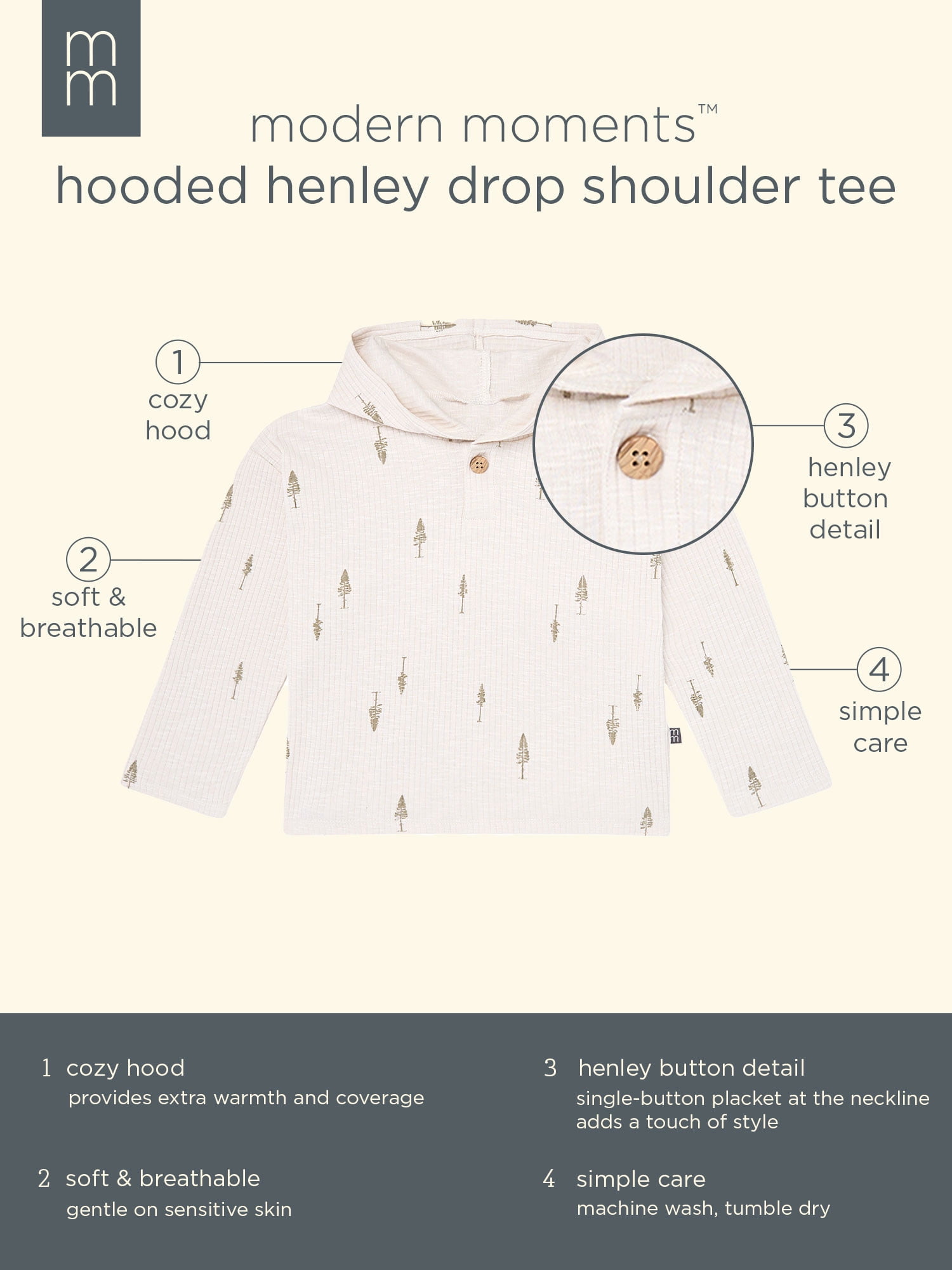Modern Moments by Gerber Toddler Boy Organic Long Sleeve Hooded Henley Tee, Sizes 12 Months - 5T