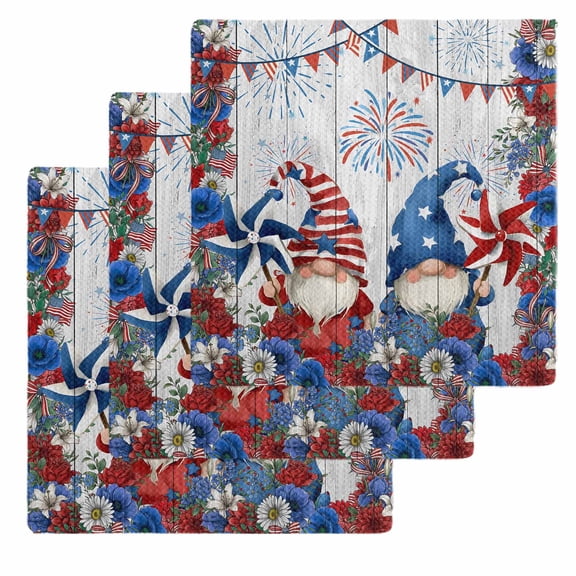 Independence Day Gnomes Kitchen Dish Towels for Drying Dishes Set of 3, Red Blue Floral Gray Wood Waffle Weave Microfiber Hand Tea Bathroom Towels Quick Dry & Absorbent Towel 12x12