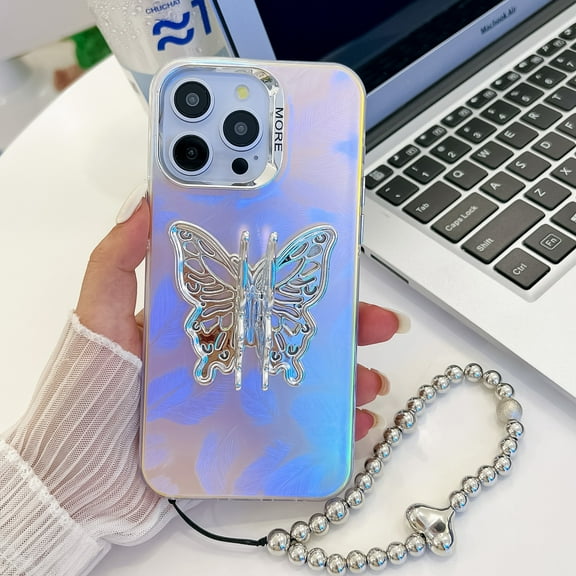 Compatible with iPhone 13 Pro Plating Frosted Case, with Colourful Laser Back and Butterfly Kickstand for Women Girls Cute Protective Phone Case Cover with Hand Chain Bracelet, A