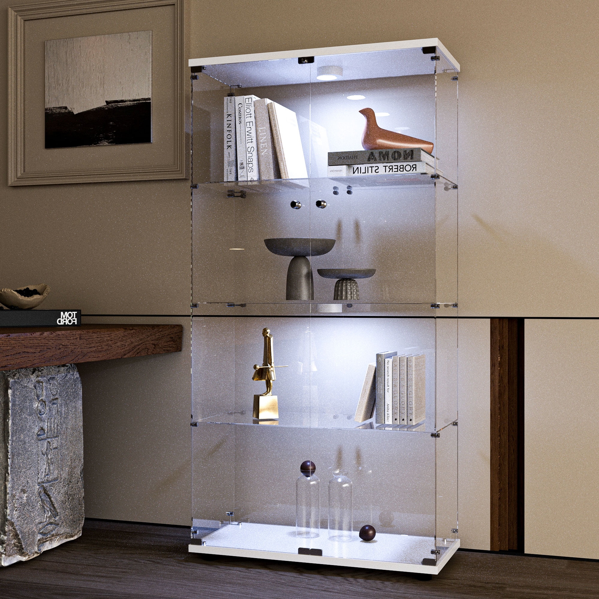 MAYEERTY Glass Display Cabinet, 4 Tiers Wine Cabinet, Collection Storage Showcase with 2 Doors, White