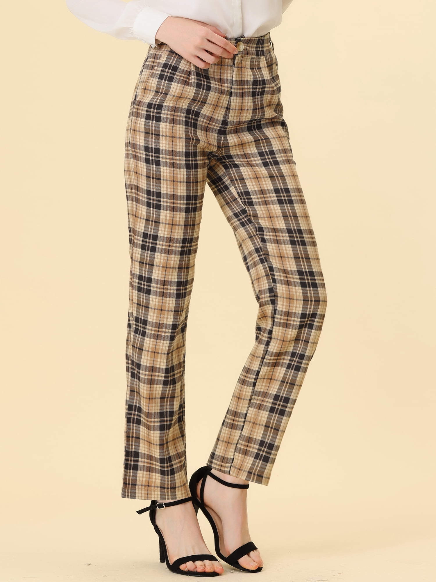 DARING DIVA Women's Plaid Trousers Pockets Straight Leg Casual Pant S Black Khaki