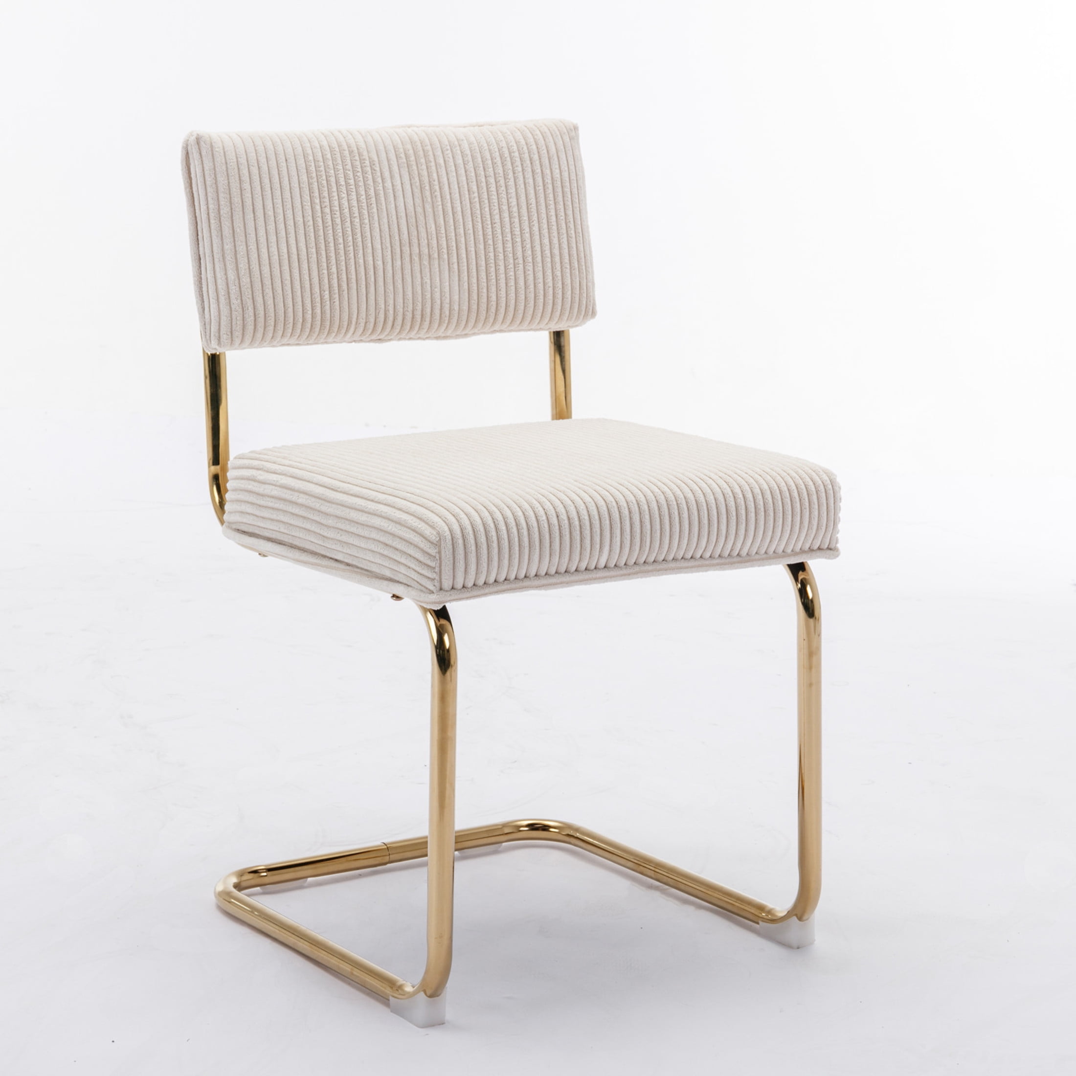 Seraphine Modern Upholstered Corduroy Dining Chairs with Channel Tufting, Gold Metal Frame, Beige + Gold, Set of 2