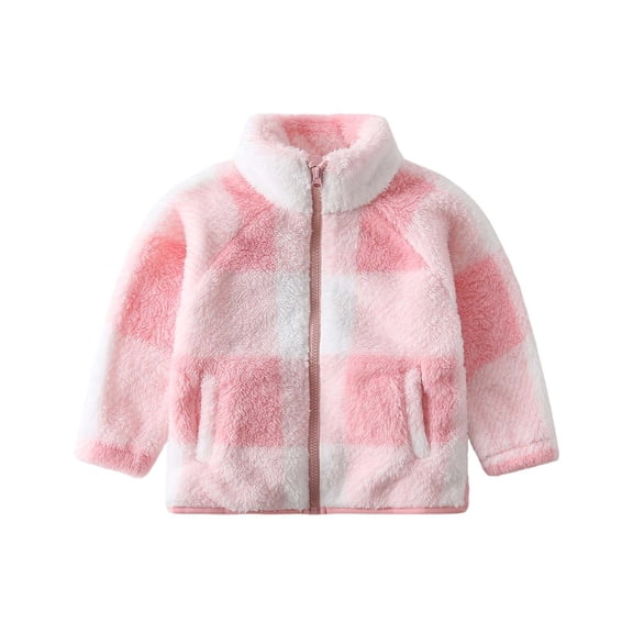 xaoyunyn Fleece Coats for Girls Winter Warm Comfy Plaid Stand Collar Full Zip Up Outerwear 2-10 Years