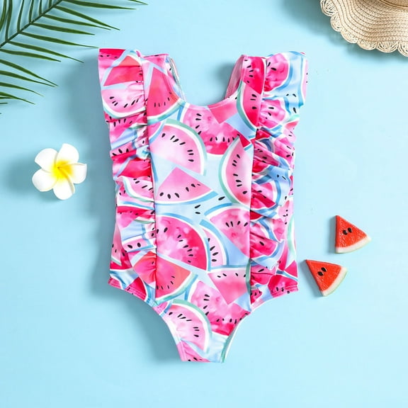 naisibaby Toddler Kids Girls Fashion Cute Leopard Flowers Printed Bikini, Baby Ruffles One-piece Swimsuit Pink 4-5T