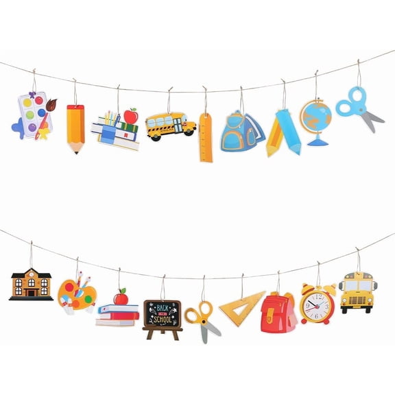 18Pcs Welcome Back to School Banners School Bus Bag Books Pencil Welcome Party Wall Backdrop with Jute Cord for DIY First Day of School Preschool Classroom Hanging Banner Decoration