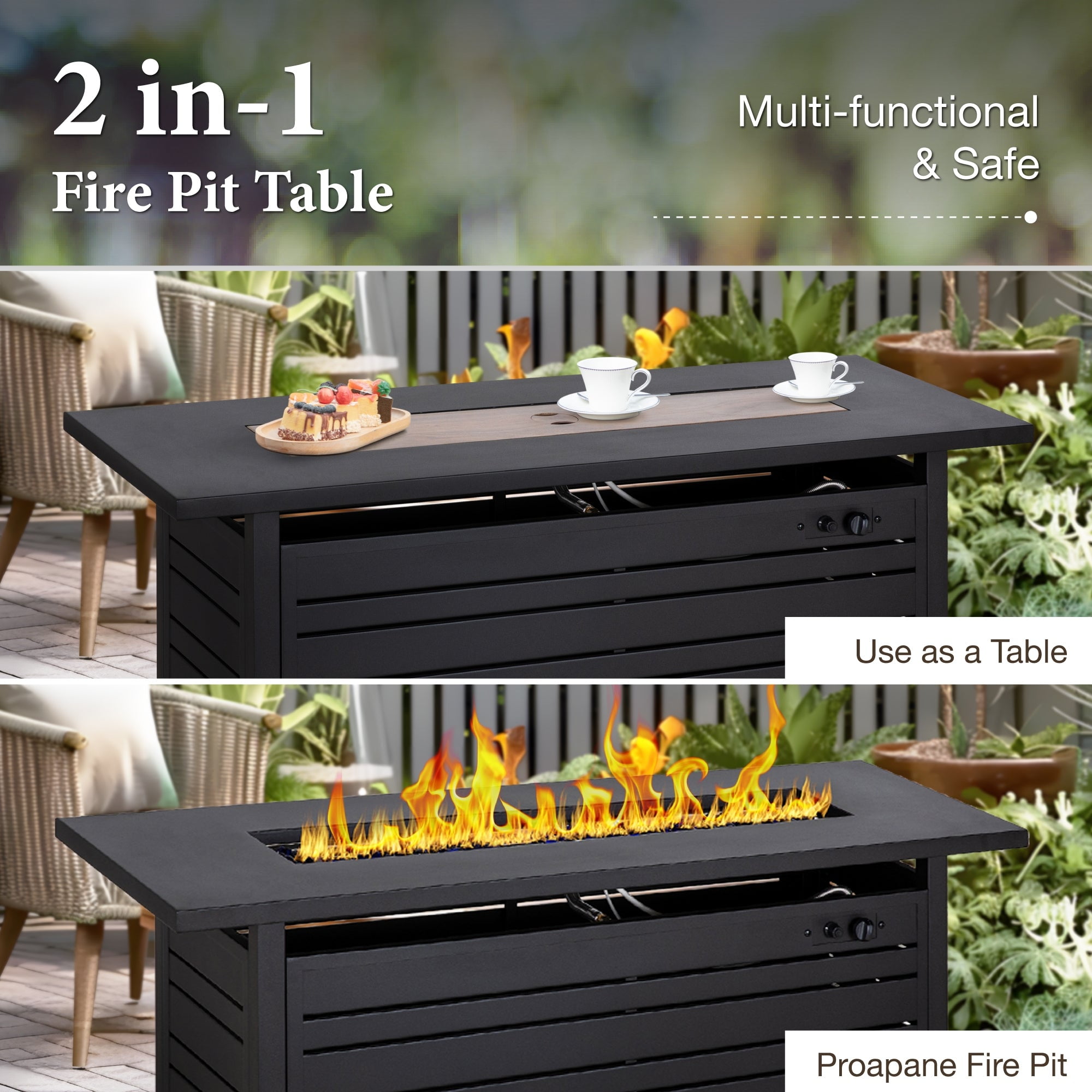 SUMMIT LIVING 56" Rectangular Propane Fire Pit Table, 50,000 BTU Gas Fire Pit with Lid and Blue Fire Glass, Black
