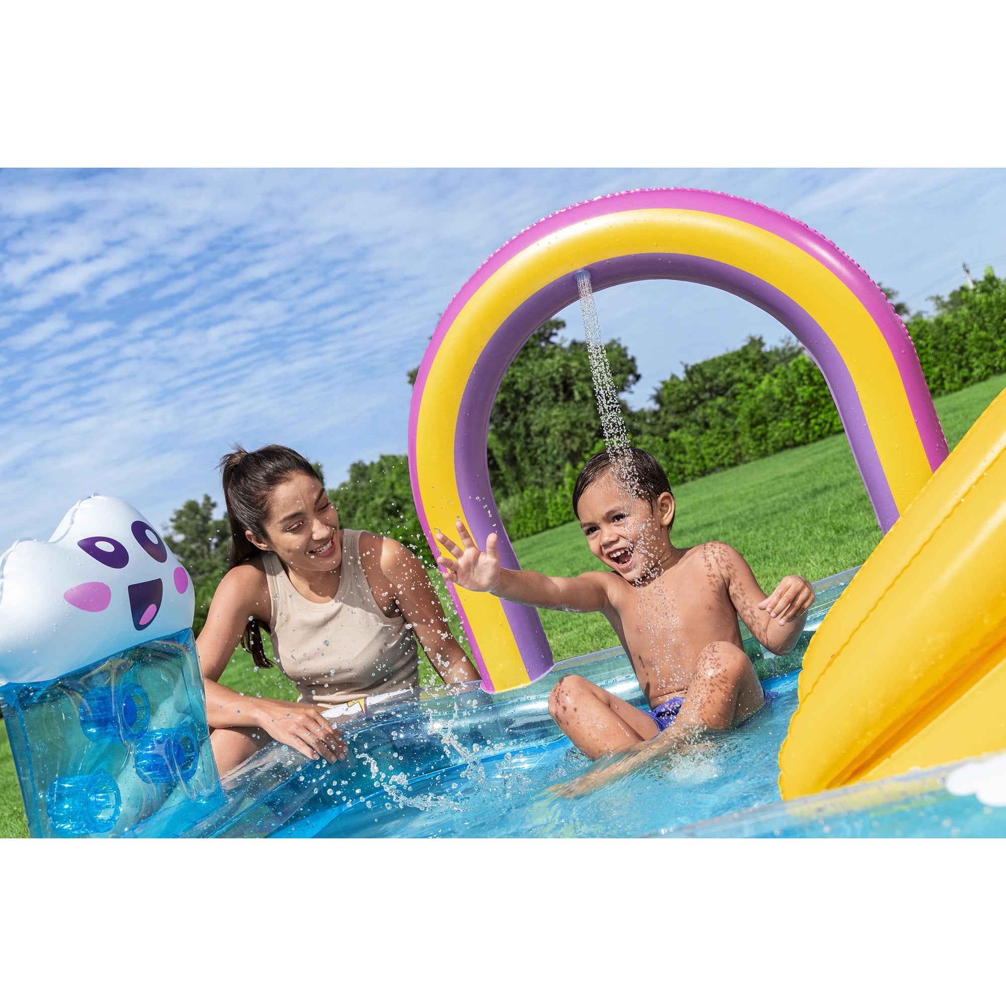 H2OGO! Inflatable Water Play Center & Pool - Rainbows ‘N Rays - 74x59x35”, Slide-Sprinkler Arch- Game Balls, Splash Wade Pool, Outdoor, Toddler-Kid 2+