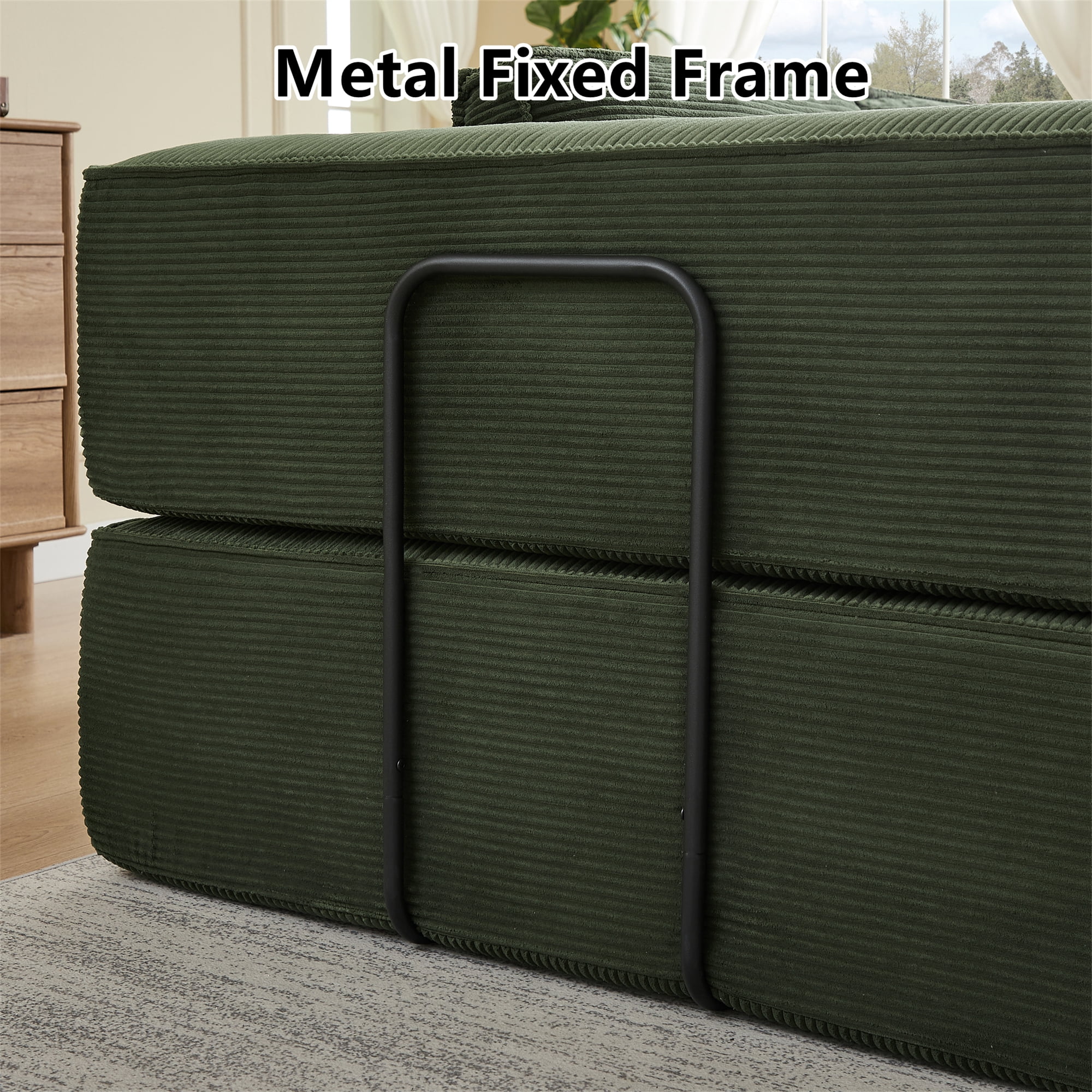 Aukfa 109" Oversized Convertible Sofa Bed Futon with Fixed Frame, Folding Pull Out Modular Boneless Sofa for Living Room, Corduroy, Green