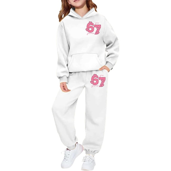 MEZZALL Girls 67 Printed Hoodie Jogger Sweatshirt Tops Trousers Pants Sets Cute Casual Two Piece Outfits With Pockets For Play And School Lovely Long Sleeve Clothing Sets