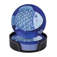 thumbnail image 2 of PAYOHTO Sea Fishes Blue Painting Premium PU Leather Coasters Set - 6 Stylish Round Drink Coasters with Storage Box for Home and Office Use, 2 of 6