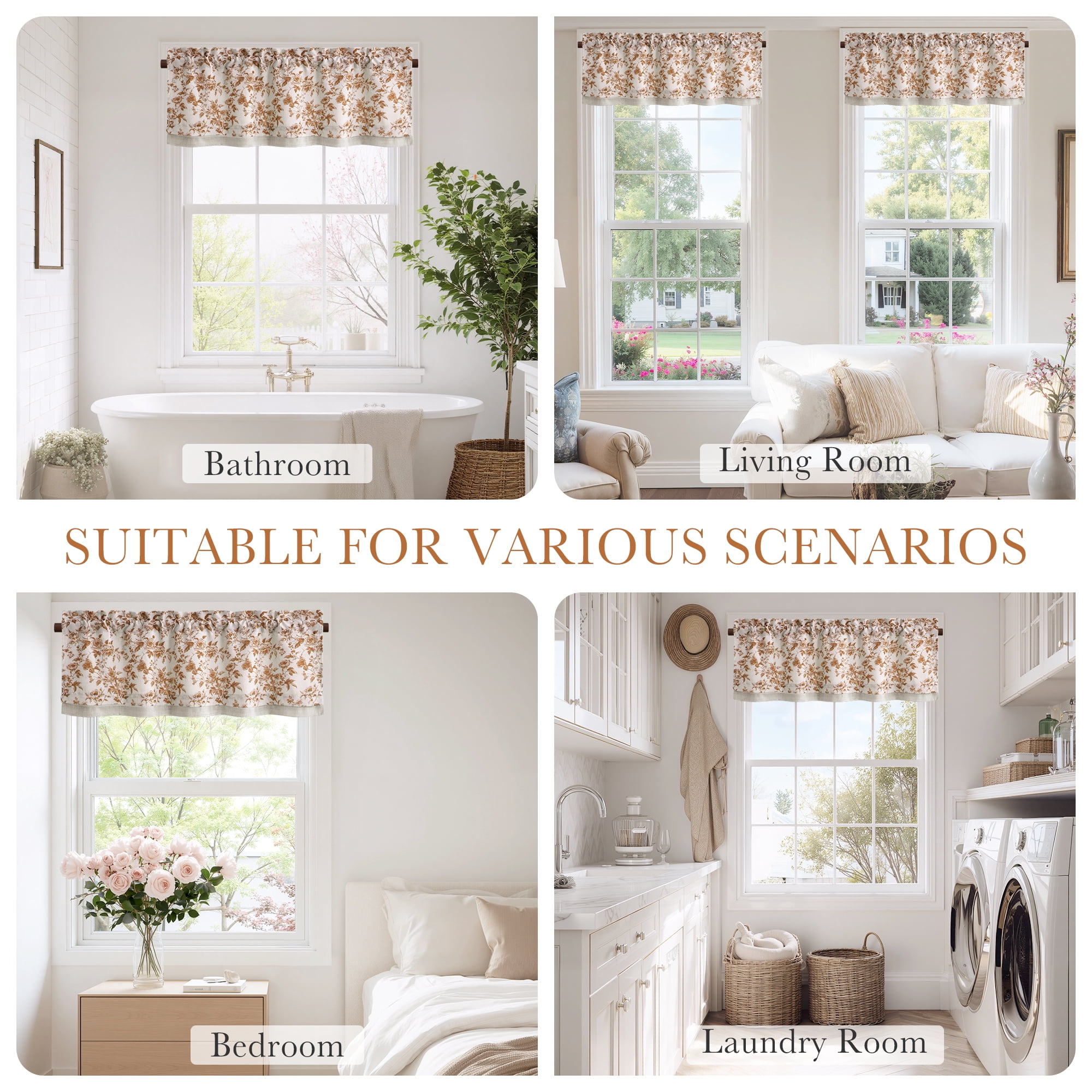 NICETOWN Floral valances for windows, Double Layer Linen Valance Curtains Rod Pocket Farmhouse Semi Sheer Light Filtering Linen Curtains for Bedroom Living Room, Yellow, 52"x18", 1 Panel