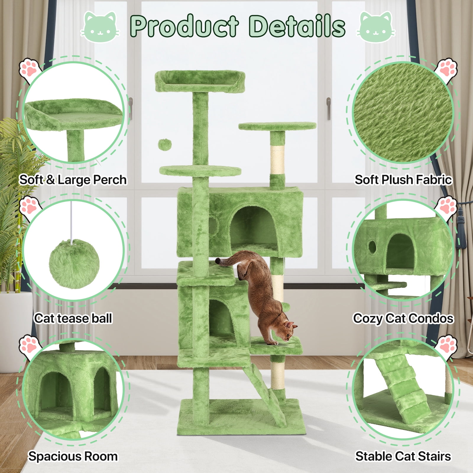 70" Cat Tree Cat Condo Cat Trees and Towers Multi-Level Activity Center Cat Playhouse with Sisal Scratching Posts & Perch for Kittens, Easy to Assemble, Green