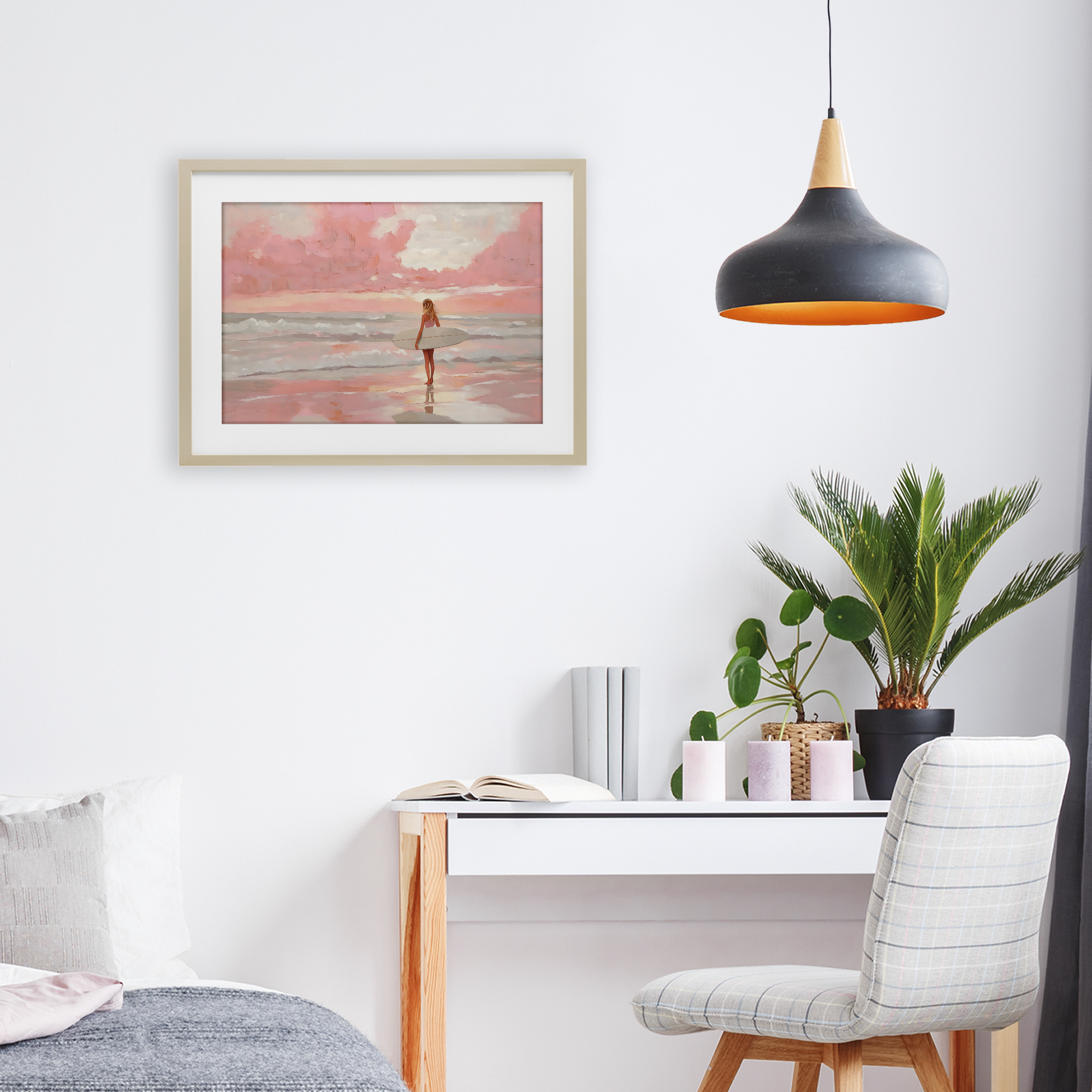 Pink Sky Surfer Birch Framed Print Under Glass, design by LSR Design Studio