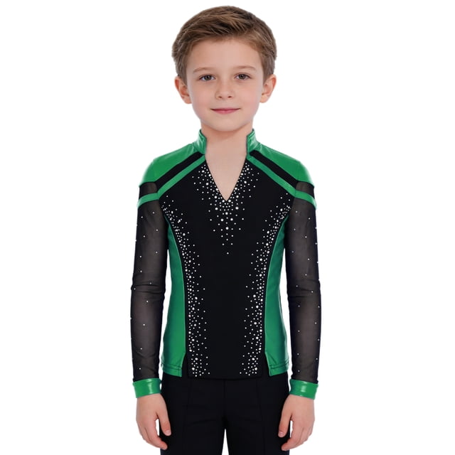 RUNQHUI Kids Boys Shiny Rhinestone Long Sleeve Figure Ice Skating Top Tees Performance Competition T-Shirts Green 16