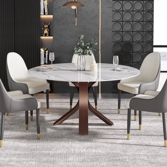 LovingAHome 53'' Round Faux Marble Dining Table for 6, White Sintered Stone Top with Gold Pedestal