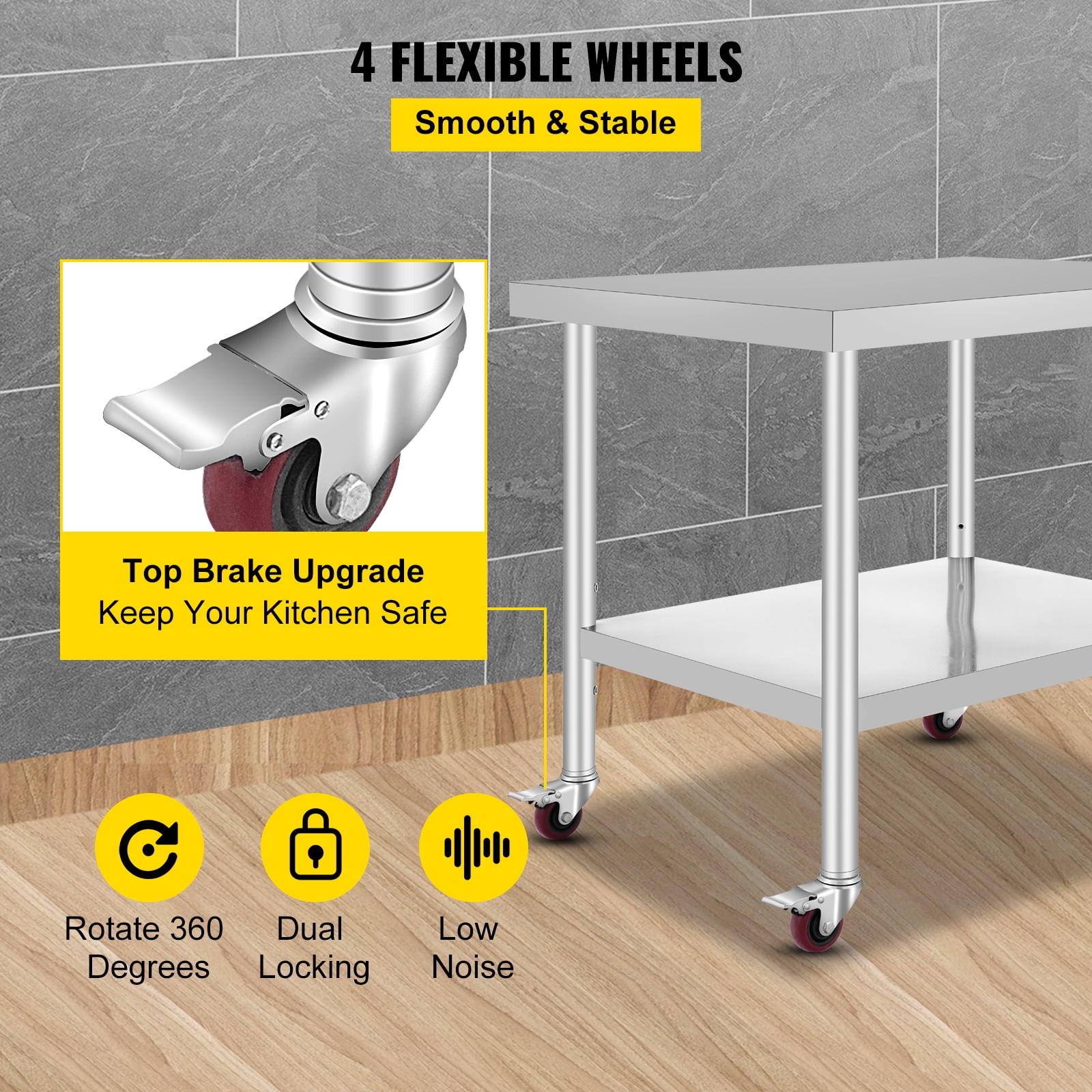 VEVOR Stainless Steel Work Table / Commercial Prep Table 30×36×34 inch;Stainless Steel;3‑Stage Adjustable Shelf;4 Wheels 2 with Brake;220 lb Capacity