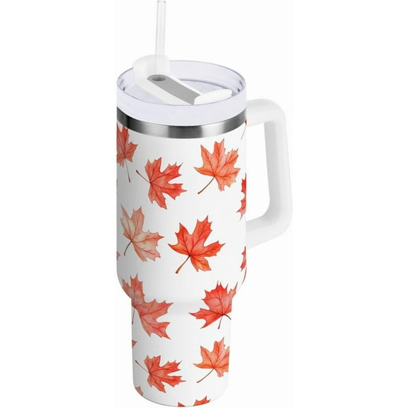 30 oz Tumbler with Lid and Straw Fall Red Maple Leaves Water Bottle Insulated Cup with Handle, Stainless Steel Water Cup Fits in Car Cup Holder
