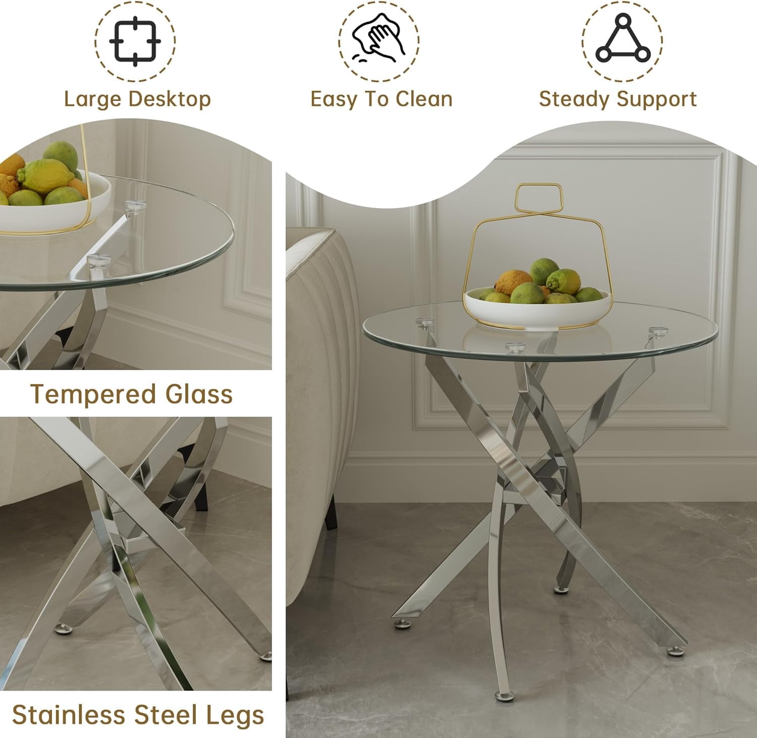 3-Piece Modern Living Room Set-35.43" Round Glass Coffee Table & 23.62" End Tables, Stainless Steel Base & Tempered Safety Glass Top, Sleek Set for Home, Apartment, Office