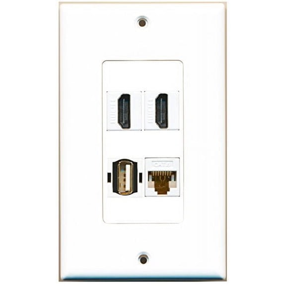 RiteAV - 2 Port HDMI 1 Port USB A-A 1 Port Cat6 Ethernet White Wall Plate Decorative Style