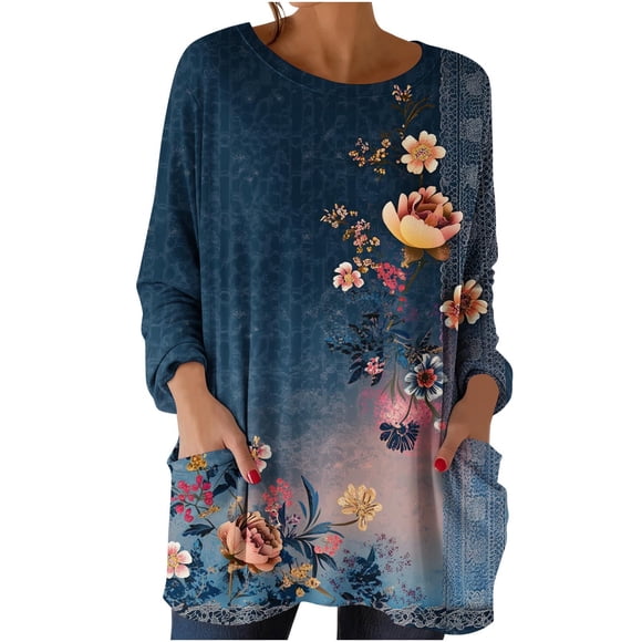 Vintage Printed Top for Women, Long Sleeve Loose Fit Casual Shirt with Pockets for Daily Wear and Street Style