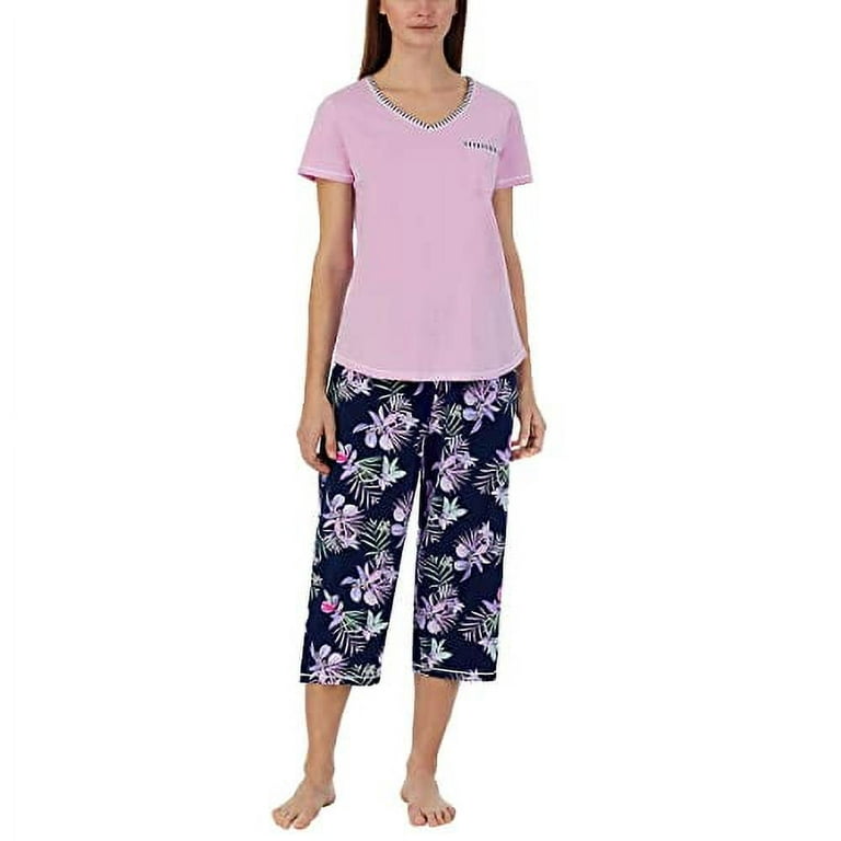 Carole Hochman Women's 4 Piece Pajama Set - Tank Top, Short Sleeve Top,  Short, and Capri Pant (Purple-Floral, XXL) 