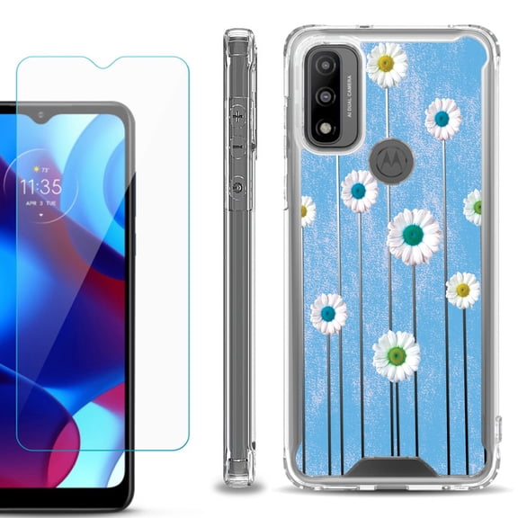 Shockproof Bumper Phone Case for Motorola Moto G Pure, with Tempered Glass Screen Protector, by OneToughShield ® - Daisy Sky