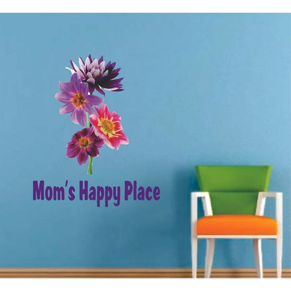 Mom's Happy Place Lavender Flower Customized Wall Decal - Custom Vinyl Wall Art - Personalized Name - Baby Girls Boys Kids Bedroom Wall Decal Room Decor Wall Stickers Decoration Size (35x40 inch)