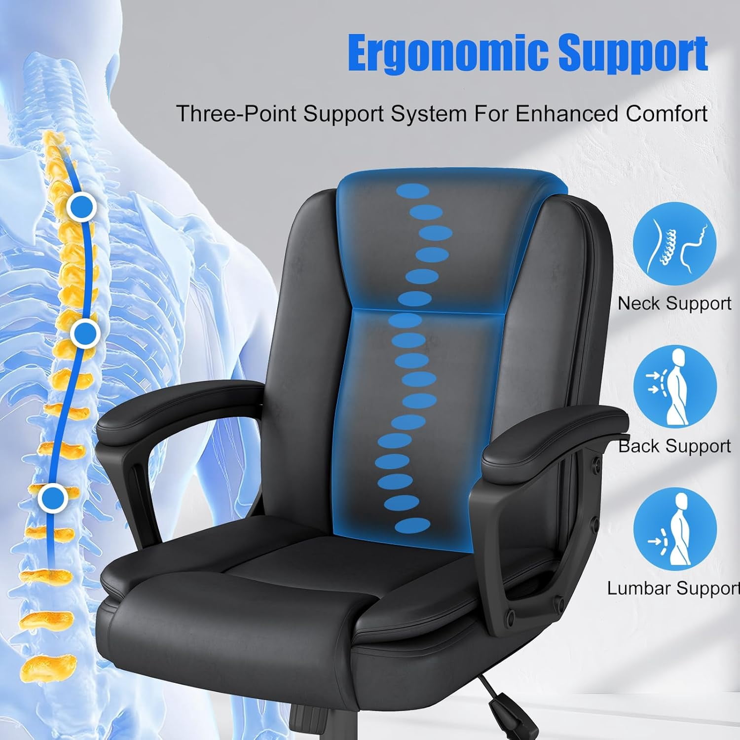 Ergonomic Mid-Back Gaming & Office Chair with Adjustable Height – PU Leather, Black with Blue Accents, Lumbar Support, Rolling Swivel Base for Home Office & Gaming