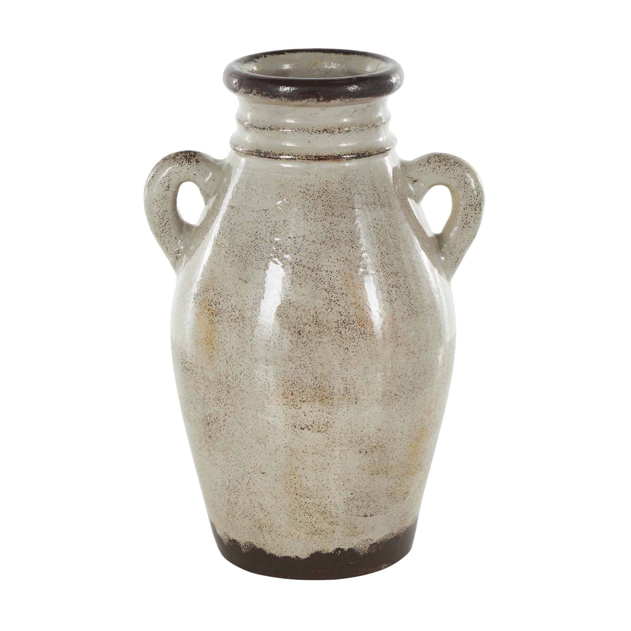 DecMode 14" Antique Amphora Cream Ceramic Vase with Speckled Texturing and Yellow and Brown Accents