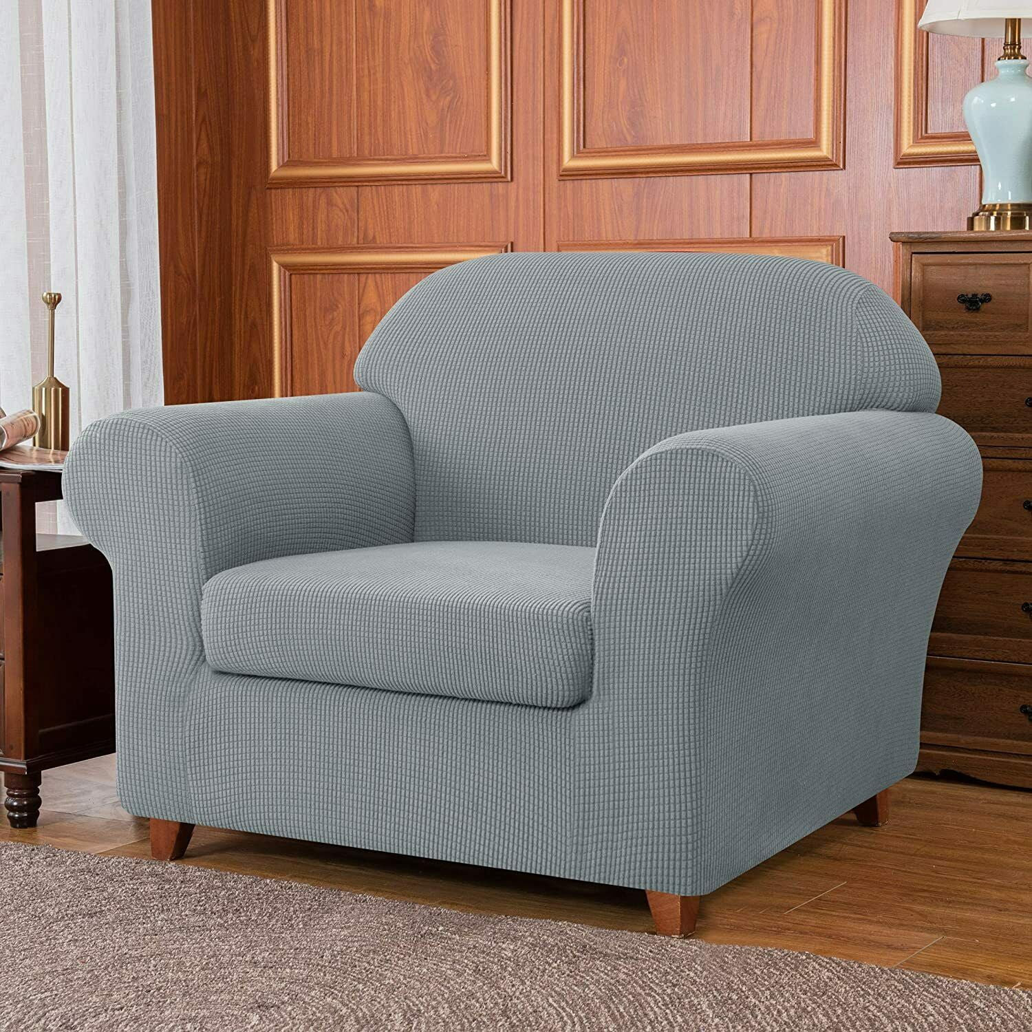 Subrtex Stretch 2-Piece Textured Grid Sofa Slipcover Jacquard Non Slip Couch Cover (Light Gray, Armchair)