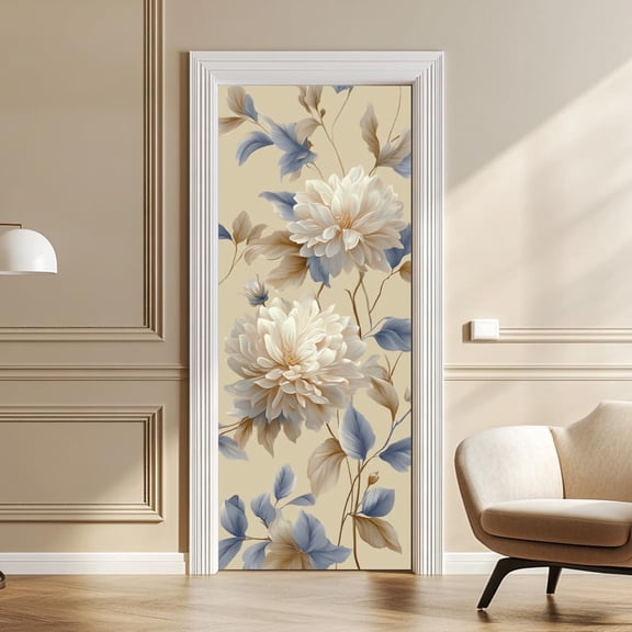 2 Pcs Self-Adhesive Door Stickers 31.5"x78.7" 3D Modern Neutral White Flowers Pattern Door Murals Stickers PVC Doors Removable Wallpaper Decoration