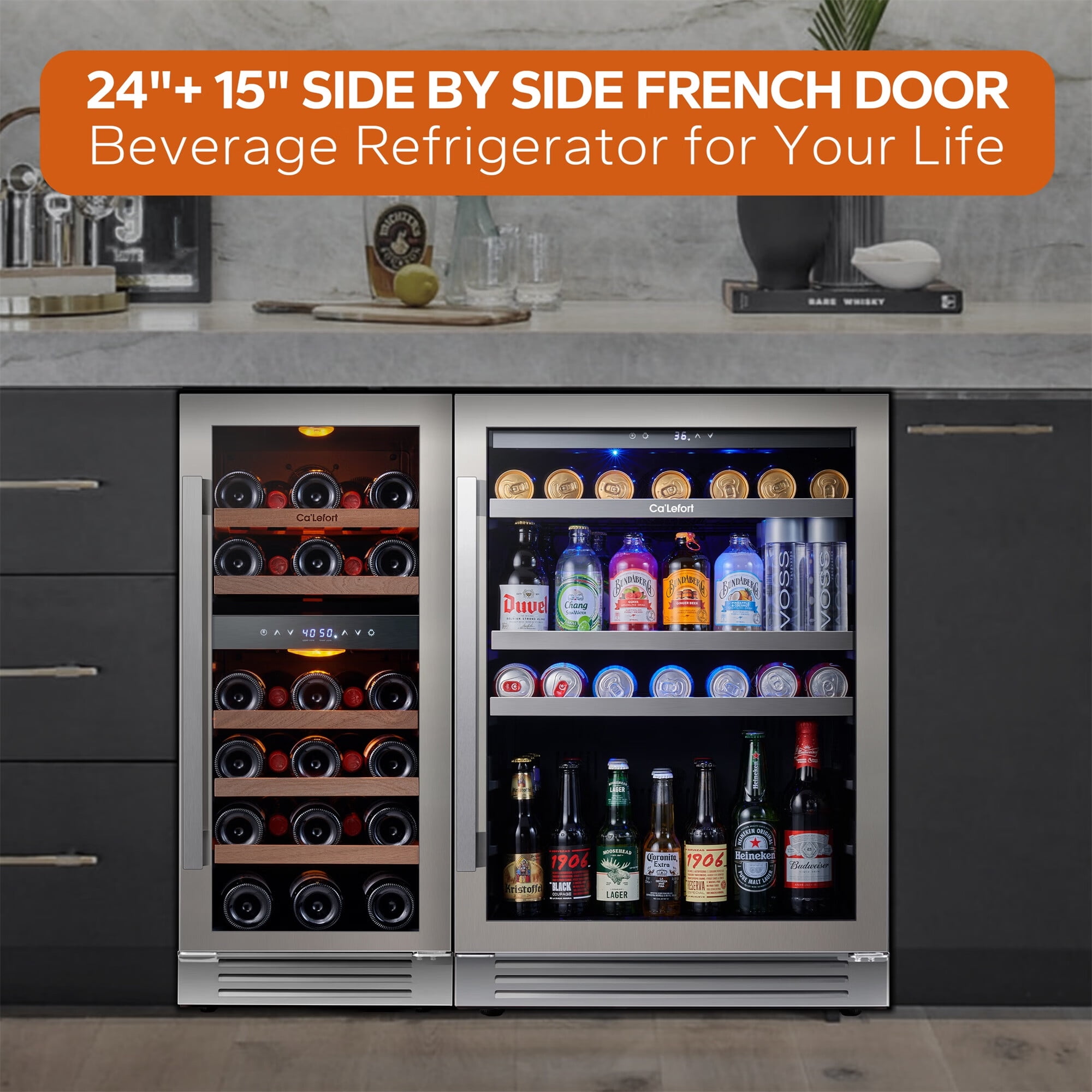 Ca'Lefort Wine Cooler Beverage Refrigerator, Hold 140 Cans and 28 Bottles Dual Zone Wine Fridge Freestanding & Built-in with Stainless Steel frame for Kitchen Office