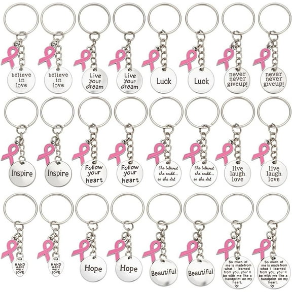 24pcs 12 Styles Breast Cancer Awareness Keychain Pink Ribbon Key Chain Inspire Luck Charms with Words for Women Inspiration Keychain Breast Cancer Support Gifts Party Favor 2.7 Inch