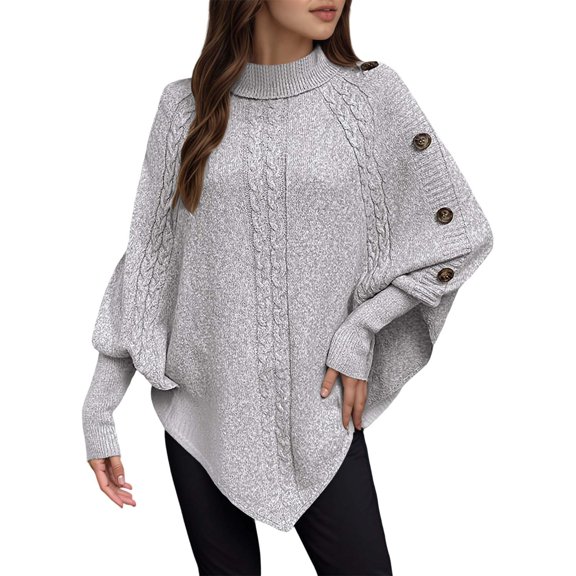 High Neck Button Batwing Sleeve Knit Pullover Sweater For Autumn And Winter Fashion