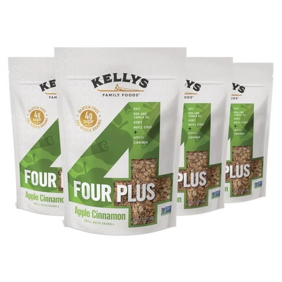 Kellys Four Plus Granola Cereal | Apple Cinnamon Healthy Granola for Yogurt | Hand Made Organic Snacks for Breakfast - 12 oz (Pack of 4)