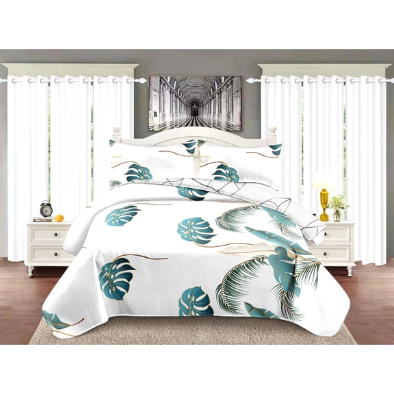 9 Piece Room-in-a-Bag Bedspread Set with Curtains, Tropical Green Monstera Leaf Print, Ultra Soft Bamboo Fiber Filling, Lightweight Quilted Bedding Set for All Seasons, Includes Bedspread, Pillowcase