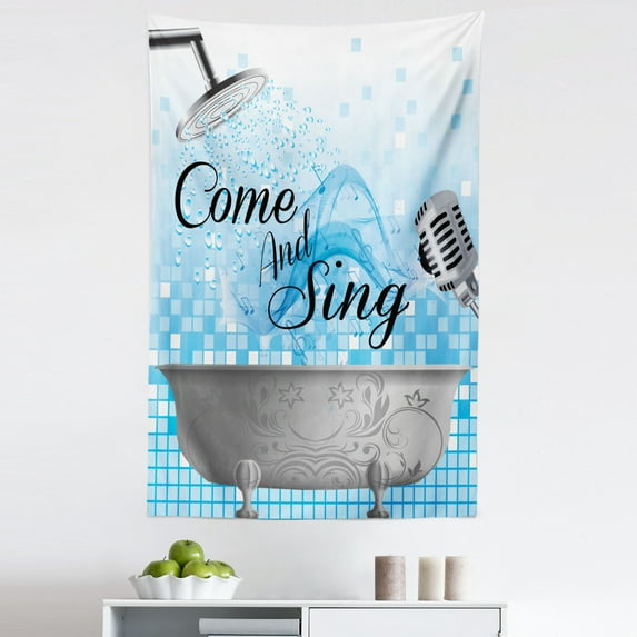 Saying Tapestry, Bath Tub Design with a Come and Sing Message Happy Style Typography, Fabric Wall Hanging Decor for Bedroom Living Room Dorm, 5 Sizes, Pale Blue White, by Ambesonne