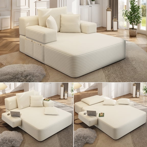 Eyisean 60" Corduroy Chaise Lounge Chair, Oversized Upholstered Sleeper Sofa Bed with Fold Backrest & Armrest, Comfy Deep Seat Couch with Storage Pocket, No Assembly Required for Living Room
