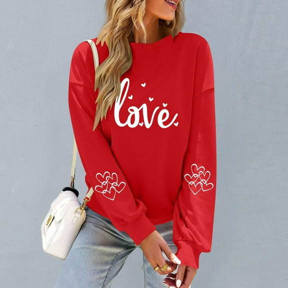 Fnooota Womens Sweatshirts, Long Sleeve Printed Crew Neck Pullover Valentine's Day Tops Red Size S-3XL